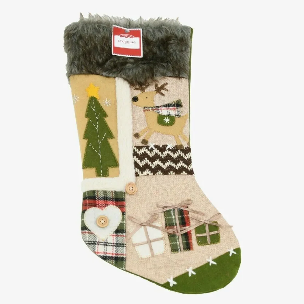 New Holiday Time Christmas Tree & Moose Applique Burlap Christmas Stocking 20